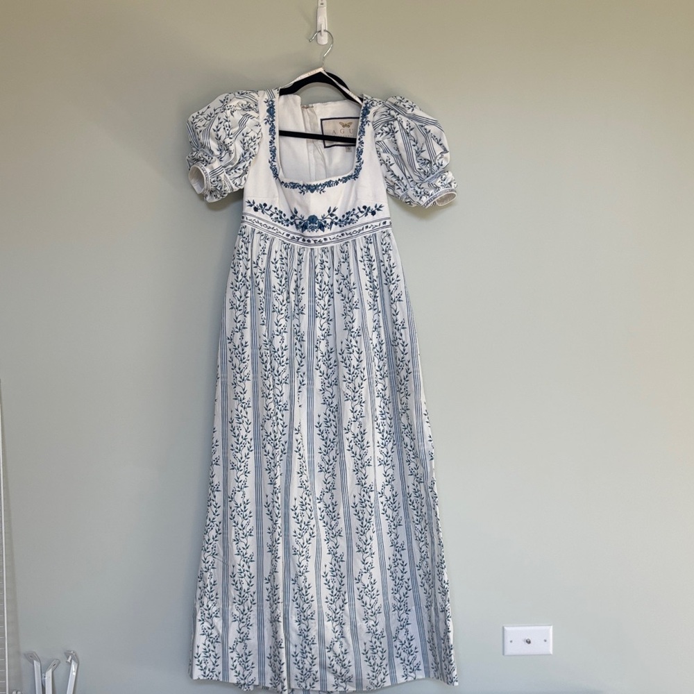Agua by Agua Bendita White Dress with Blue Floral Embroidery